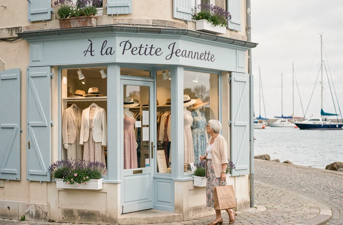Façade de la boutique À la Petite Jeannette à Trouville-sur-Mer avec volets bleus et vitrine de prêt-à-porter féminin, port normand en arrière-plan