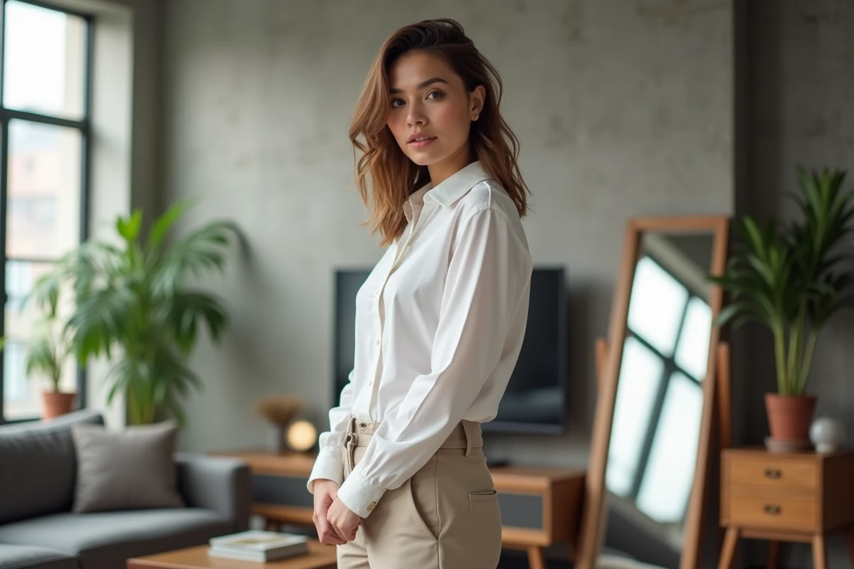 Femme stylée dans un appartement moderne montrant comment porter un pantalon ample en le repliant à la ceinture