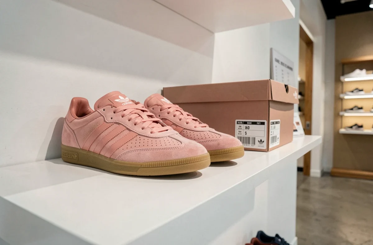 Adidas Samba Rose exposées en boutique sur une étagère blanche avec boîte à chaussures ouverte et guide des tailles visible