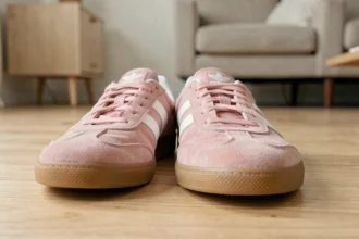 Paire de Adidas Samba Rose en coloris rose et blanc posée sur un parquet en chêne clair, vue de face en plan rapproché