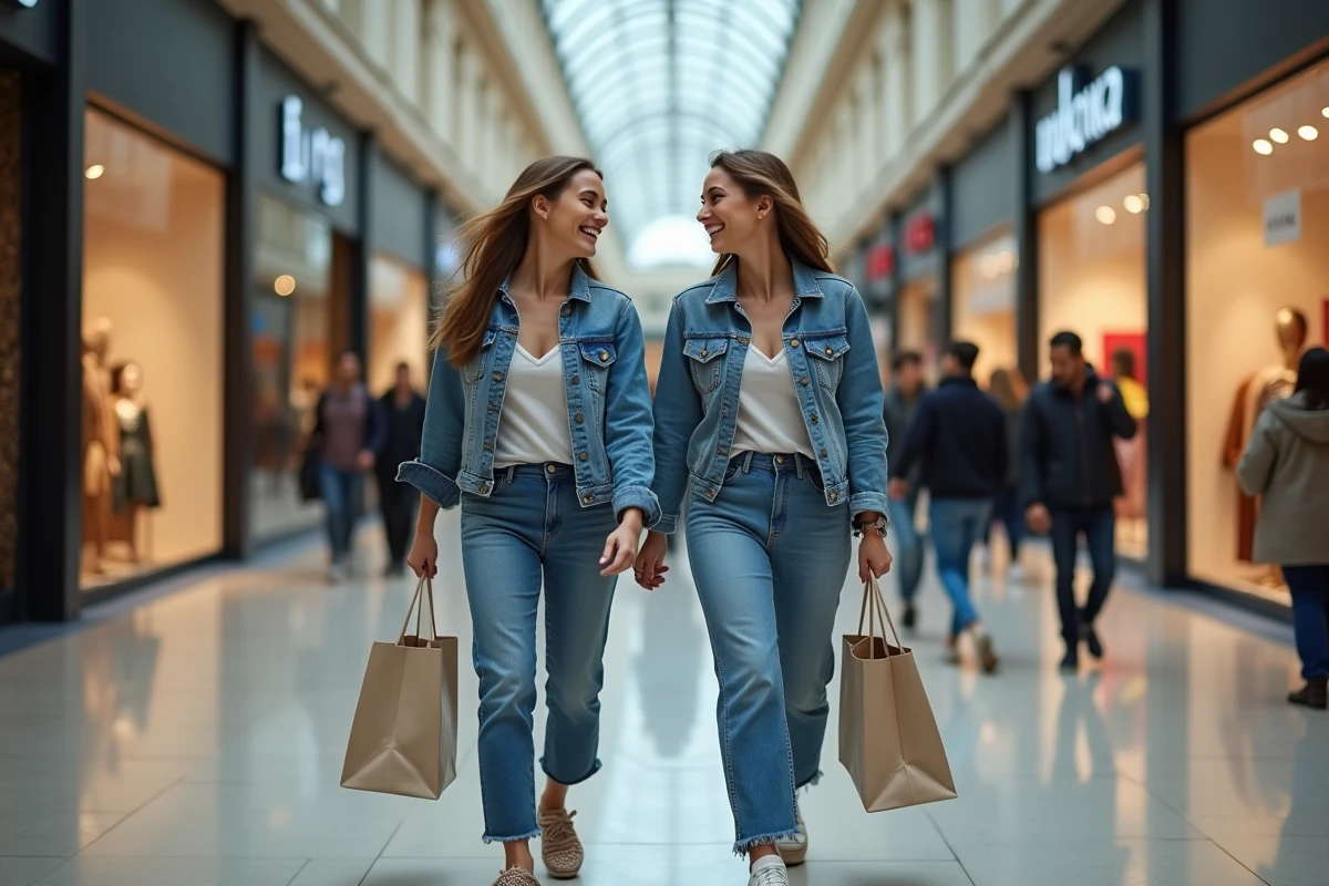 Deux amies comparant leurs achats dans la galerie marchande du Centre Commercial Montparnasse à Paris