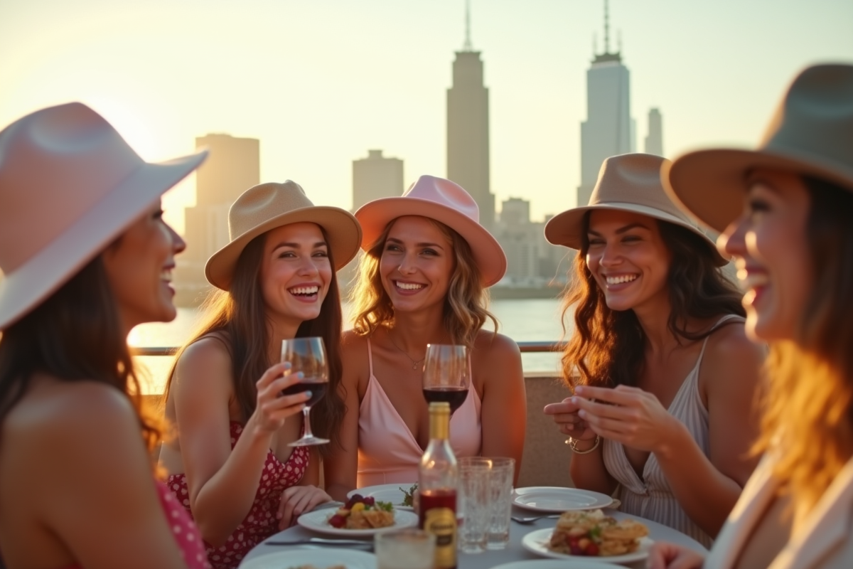 Groupe d amis avec chapeaux tendance lors d une fete sur le toit