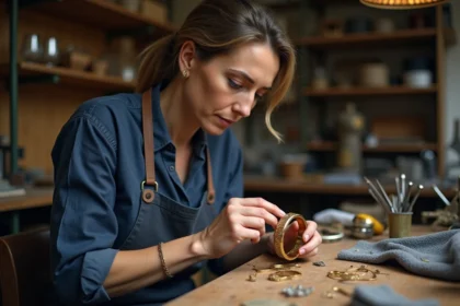 Artisane bijoutière examinant un bracelet en plaqué or dans son atelier avec une loupe de joaillier