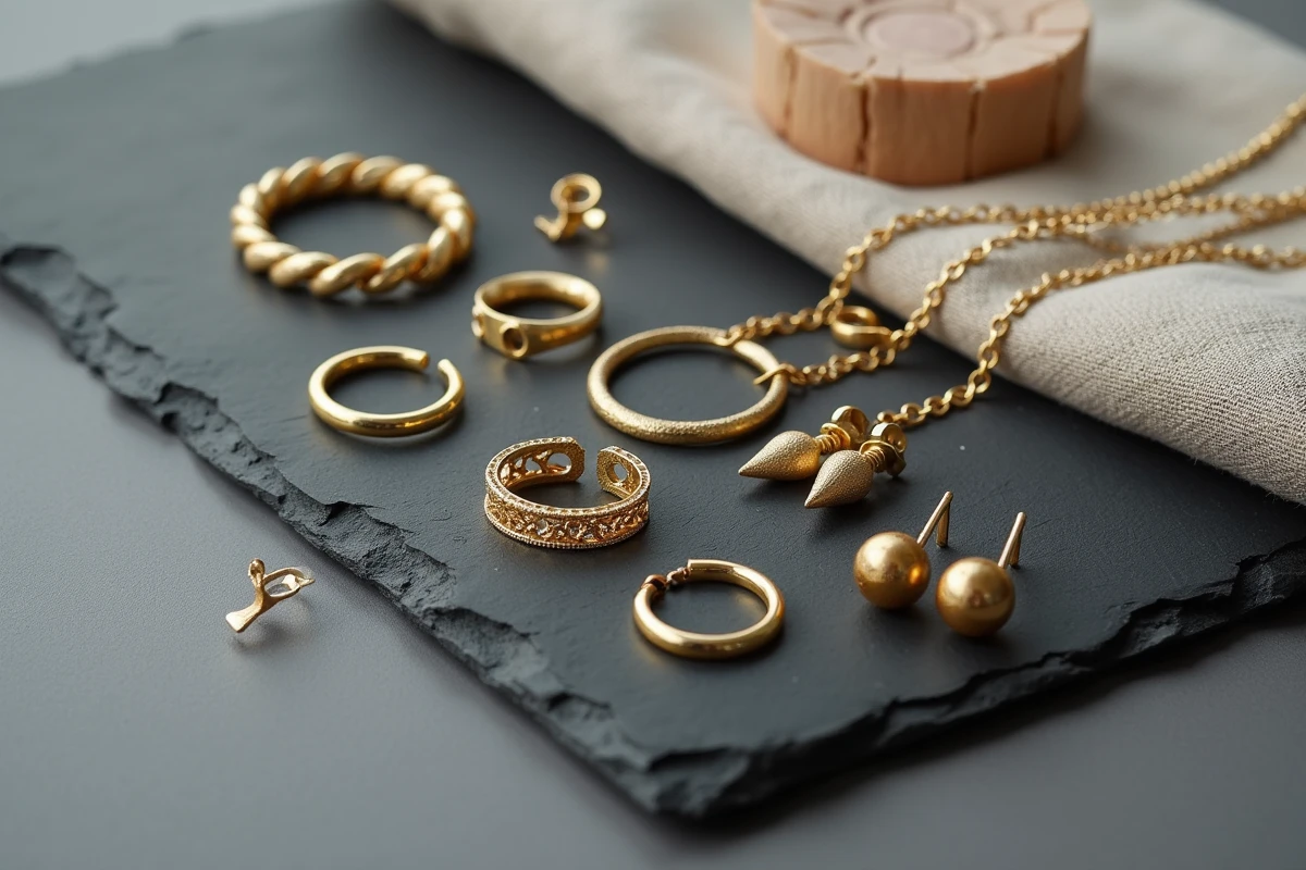 Assortiment de bijoux en plaqué or disposés sur une surface en ardoise avec des composants en laiton brut