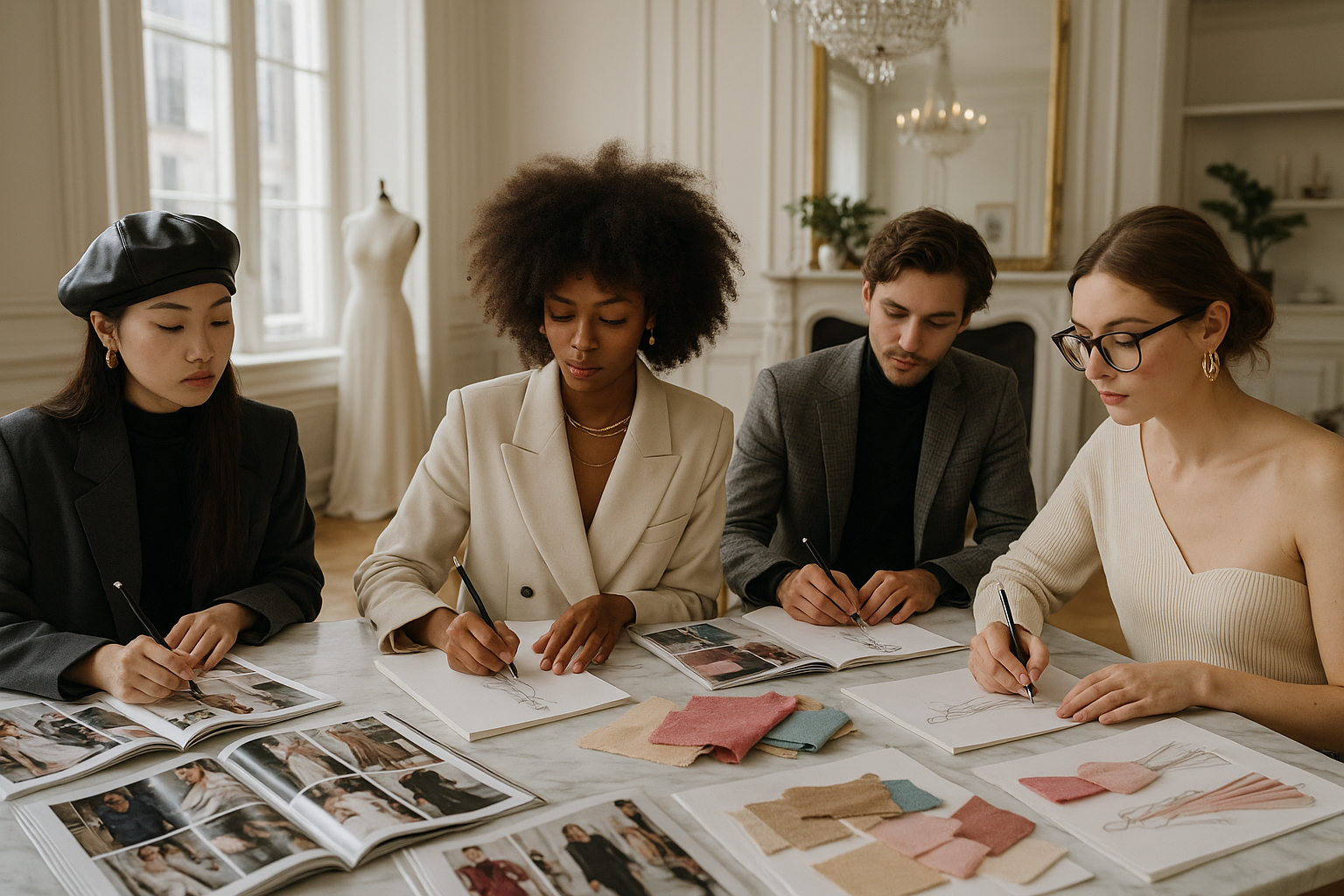 Étudiants dessinant des créations de mode dans un atelier élégant
