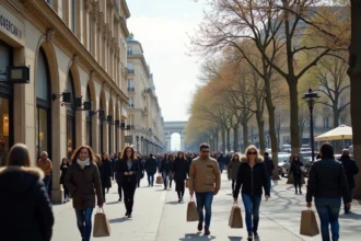 Vue grand angle de l'Avenue des Champs-Élysées avec les façades haussmanniennes, les boutiques de luxe et les touristes en train de faire du shopping