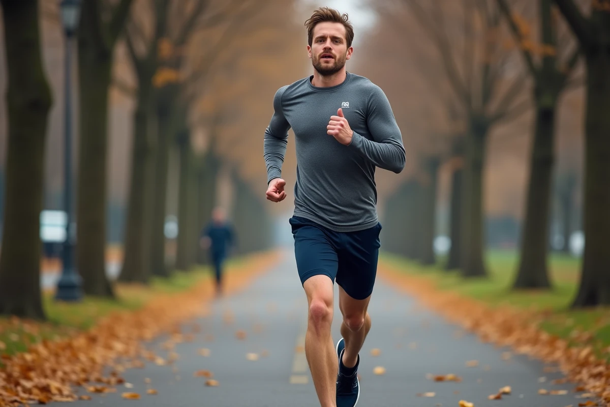 Homme en tenue de sport Thehalara 2026 faisant du jogging dans un parc urbain en automne, test de performance en conditions réelles