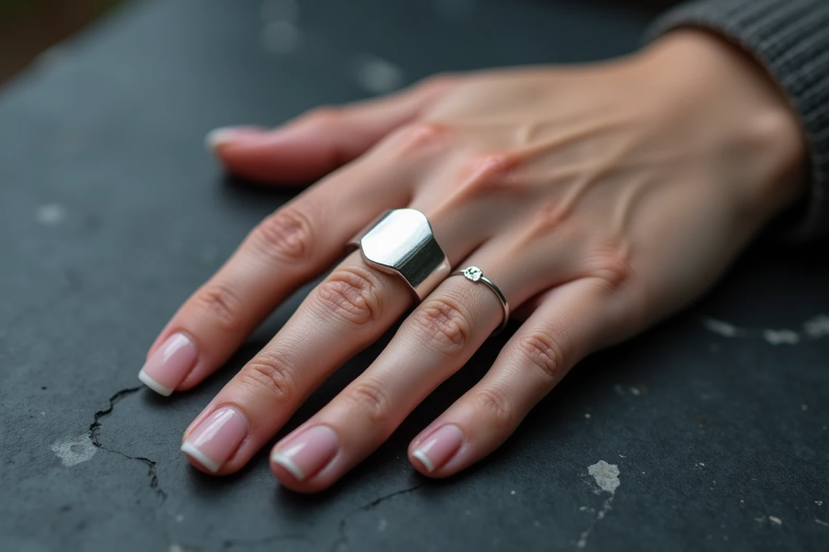 Bague chevalière en argent portée sur l'auriculaire d'une femme, posée sur une surface en ardoise sombre