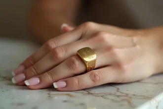 Bague chevalière en or jaune portée sur l'index d'une femme, posée sur du marbre blanc veiné