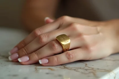 Bague chevalière en or jaune portée sur l'index d'une femme, posée sur du marbre blanc veiné