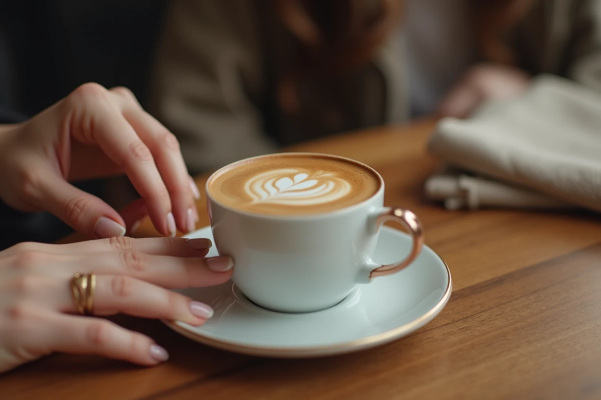 Chevalière en or rose portée par une femme dans un café, avec bague fine superposée