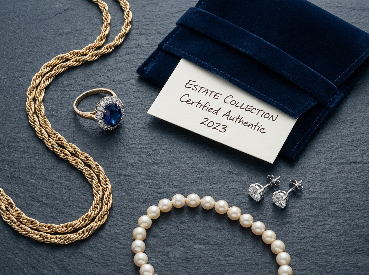 Plat de bijoux de luxe d'occasion avec bague saphir, collier or et bracelet de perles sur ardoise