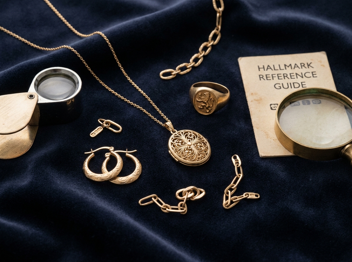 Bijoux en or variés disposés sur velours avec loupe et carte de référence pour estimation