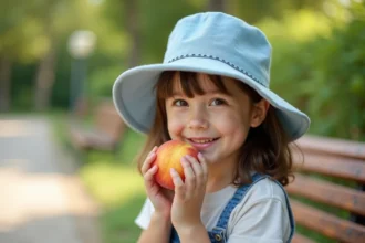 Petite fille portant un bob en coton bleu pâle à bords larges dans un parc en été, illustrant la protection solaire des bobs pour enfants