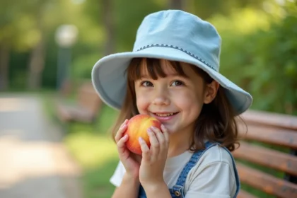 Petite fille portant un bob en coton bleu pâle à bords larges dans un parc en été, illustrant la protection solaire des bobs pour enfants