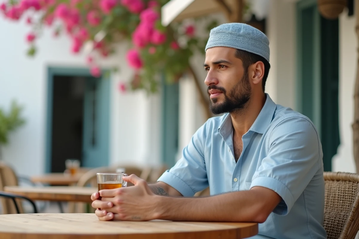 Homme en bonnet de prière coton bleu pâle assis dans un café méditerranéen avec un thé à la menthe en été