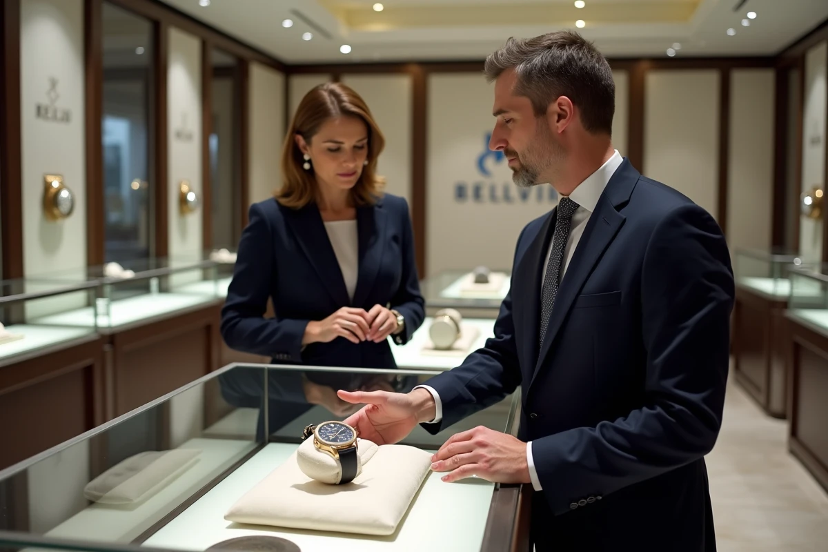 Cliente et conseiller horloger discutant d'une montre de grande valeur dans une boutique de luxe à Genève