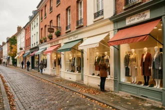 Rue commerçante normande avec plusieurs vitrines de boutiques de prêt-à-porter féminin, ambiance automne, femmes élégantes devant les devantures
