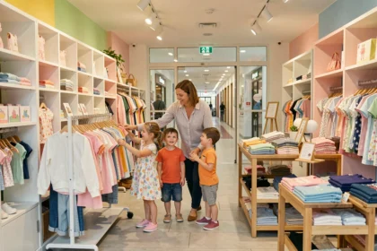 Famille faisant du shopping dans une boutique de vêtements pour enfants en Seine-Saint-Denis