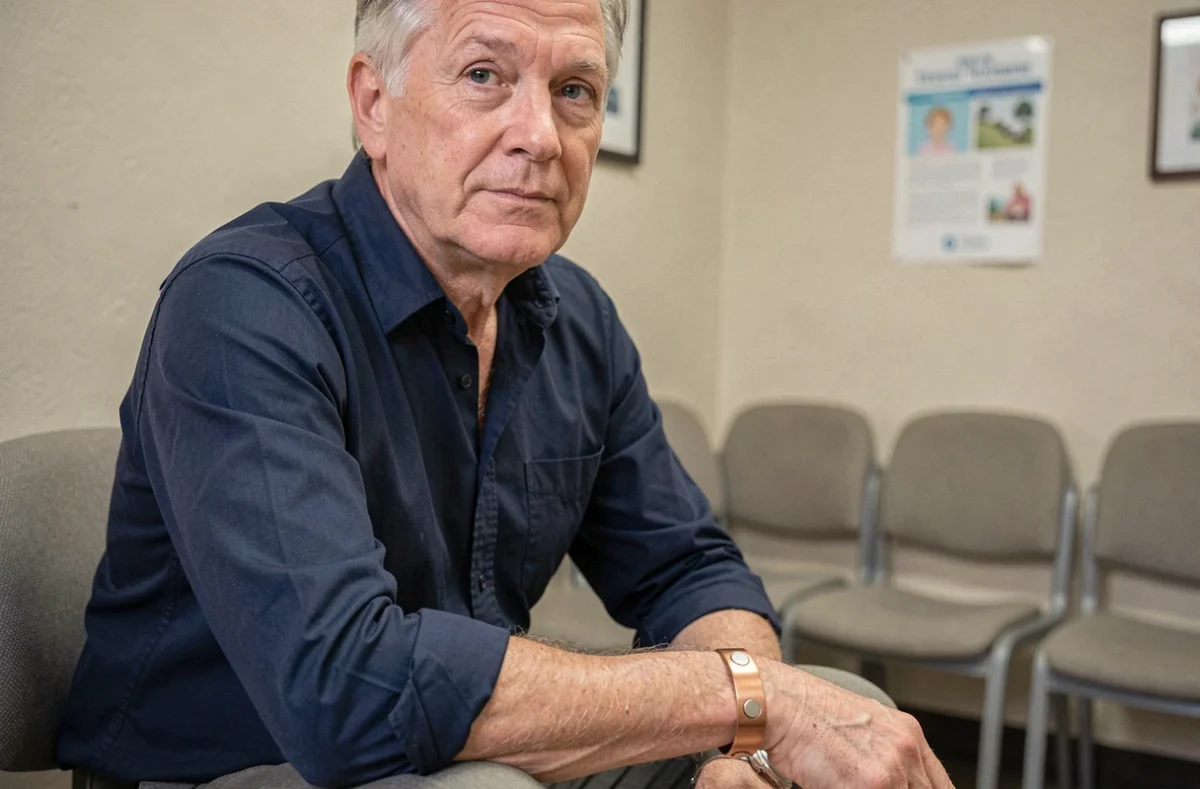 Homme âgé portant un bracelet cuivre aimanté en salle d'attente médicale, illustrant les précautions et contre-indications du port de ce bijou thérapeutique