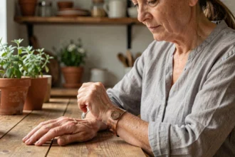 Femme portant un bracelet cuivre aimanté au poignet gauche, examinant le bijou thérapeutique à table dans un cadre domestique chaleureux