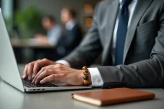 Homme d'affaires en costume gris portant un bracelet œil du tigre au bureau, style professionnel et élégant