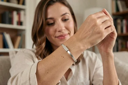Femme portant un bracelet photo à projection en argent, examinant le bijou tendance avec curiosité dans un salon chaleureux