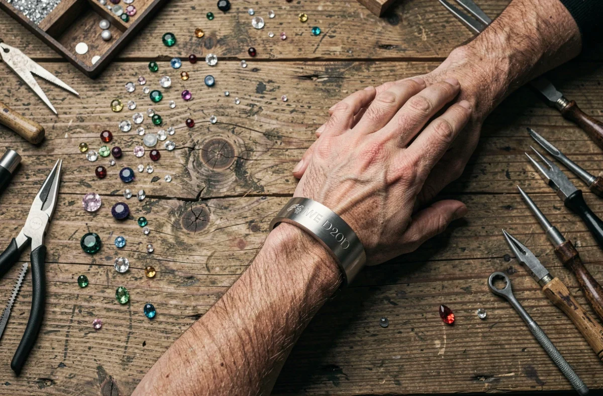 Gros plan sur un bracelet photo à projection cylindrique en acier inoxydable posé sur une table d'atelier de bijouterie avec des outils