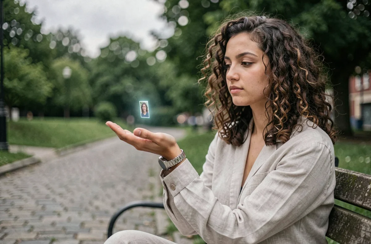 Jeune femme en extérieur dans un parc urbain tenant un bracelet à projection photo qui projette une image miniature sur sa paume