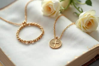 Bracelet doré et médaille de communion posés côte à côte sur un tissu blanc avec une Bible et des pétales de roses
