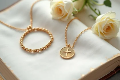 Bracelet doré et médaille de communion posés côte à côte sur un tissu blanc avec une Bible et des pétales de roses