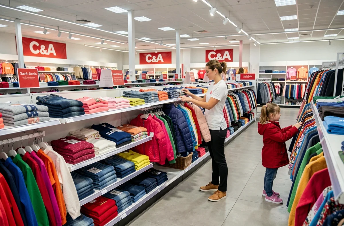 Rayon vêtements enfants de C&A à Saint-Denis avec une vendeuse et une petite cliente