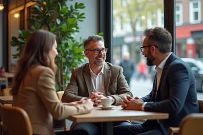 Trois adultes divers en discussion dans un café urbain