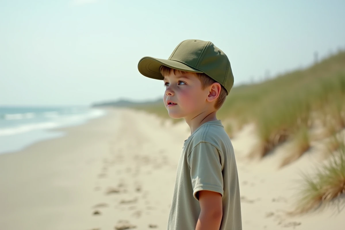 Jeune garçon avec une casquette à visière verte en bord de mer, montrant la protection offerte par une casquette pour enfant en plein soleil