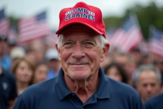 Homme portant une casquette rouge de style Trump lors d'un meeting politique américain avec foule en arrière-plan