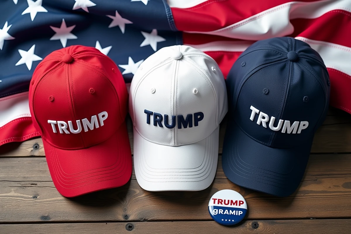 Flat-lay de casquettes politiques rouges et bleues avec drapeaux américains et badges de campagne sur bois