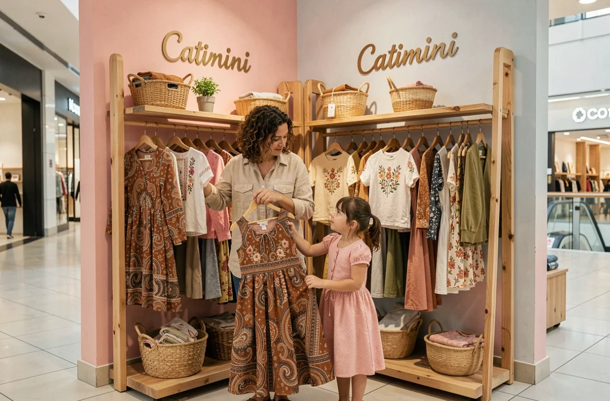 Corner Catimini au centre Rosny 2 avec des vêtements bohèmes pour filles et une mère avec sa fille