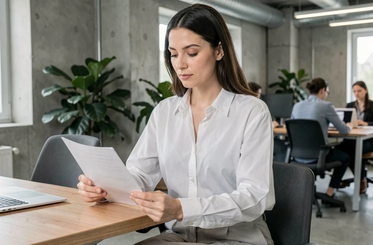 Femme en chemise blanche structurée dans un bureau moderne, comparaison visuelle entre chemise et chemisier dans un contexte professionnel