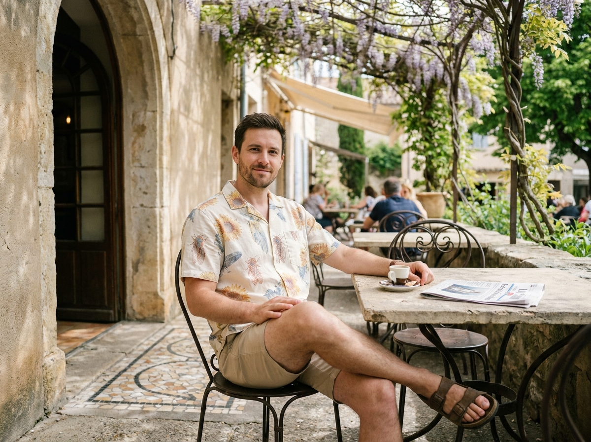 Homme en chemise estivale imprimée cigales et tournesols assis à une terrasse de café provençal