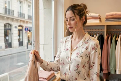 Femme portant un chemisier en soie à imprimé floral dans une boutique parisienne, illustrant la distinction entre chemisier et chemise femme