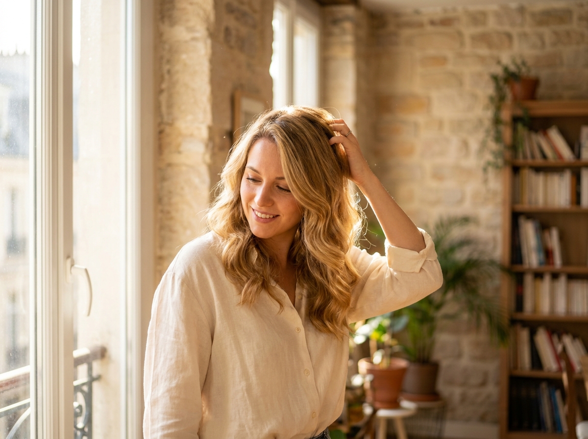 Jeune femme blonde aux cheveux longs et brillants après un gloss capillaire dans un appartement parisien