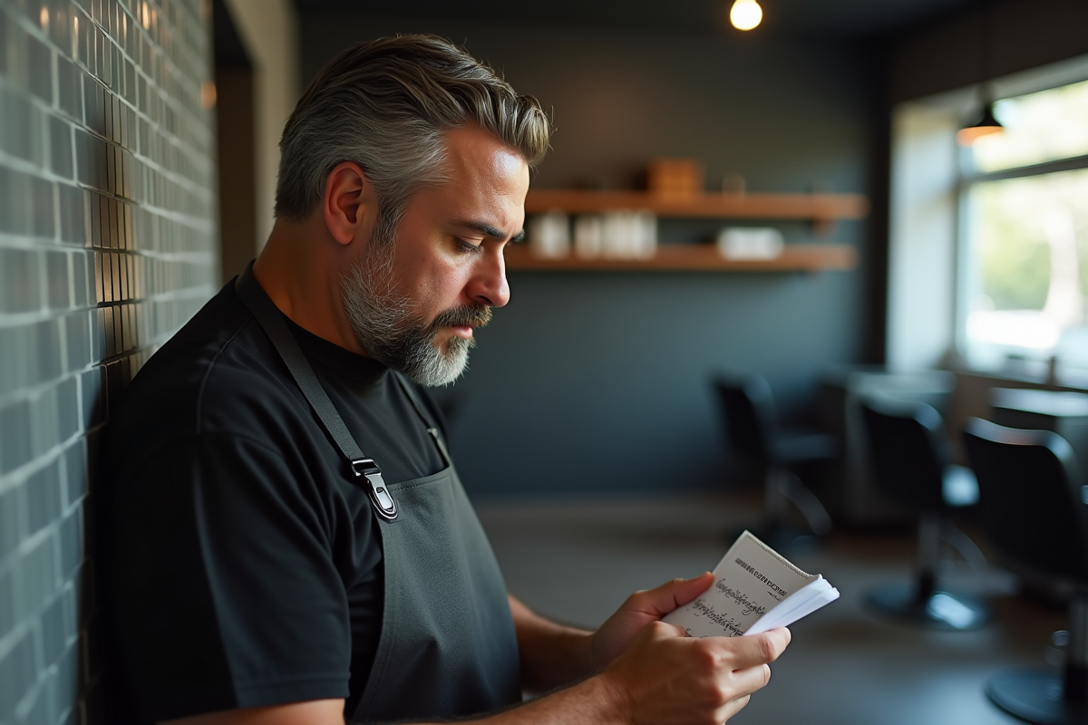 Coiffeur pensif tenant un carnet dans un salon calme