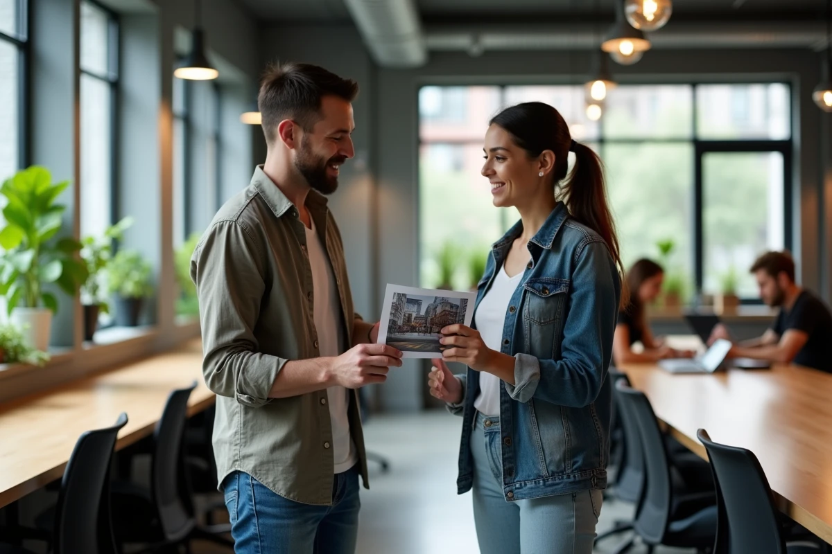 Deux collègues discutant du partage d'une photographie dans un espace de coworking contemporain