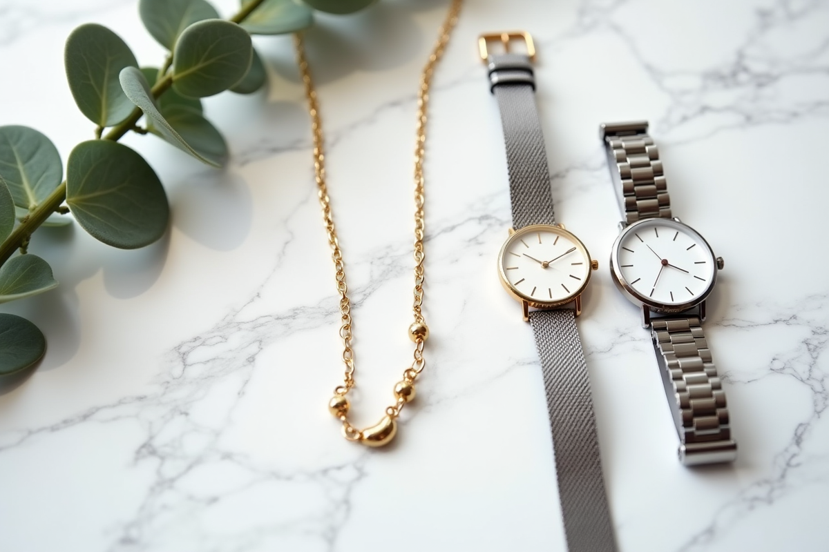 Collier en or et montre en argent sur surface en marbre