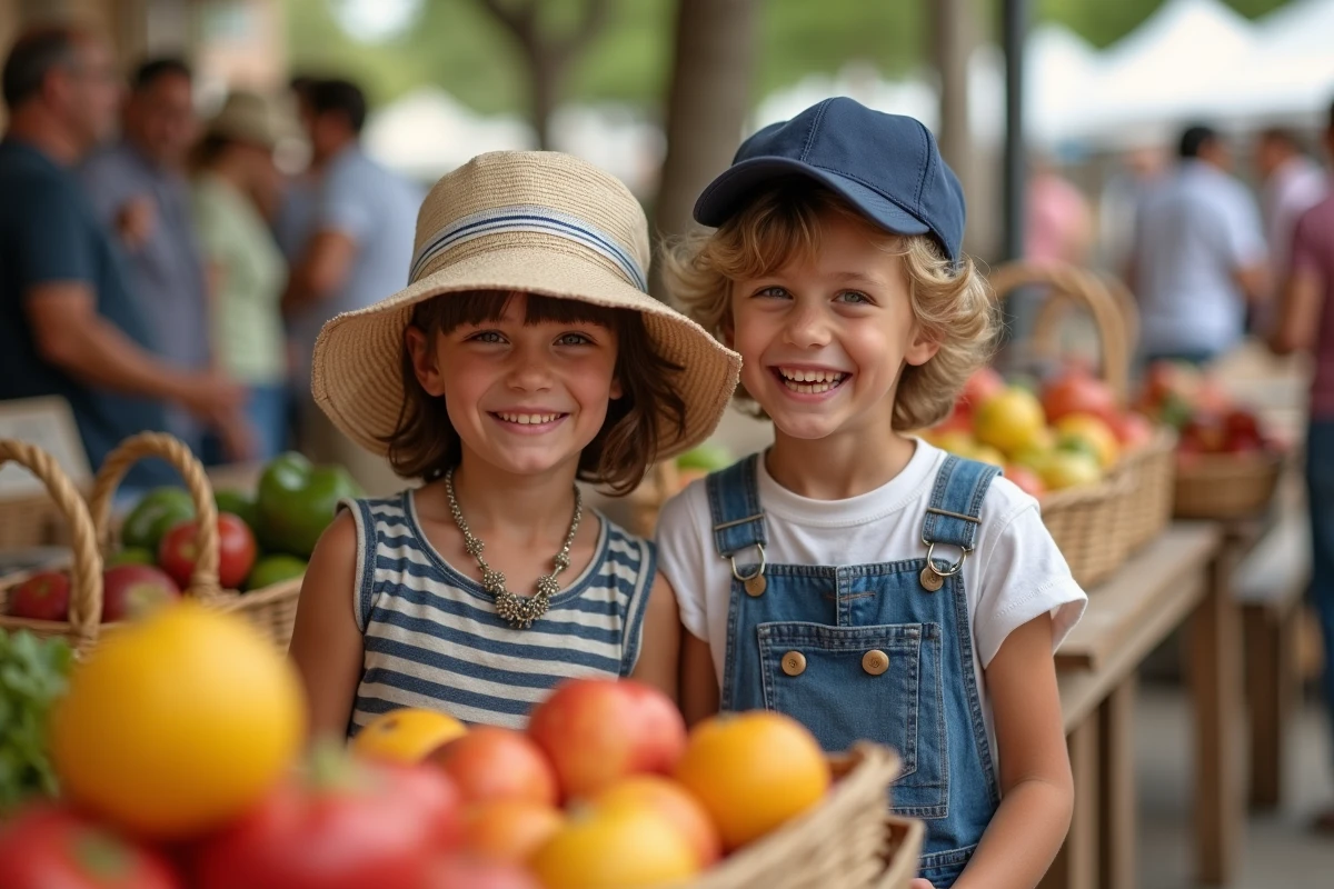 Deux enfants portant un bob en lin et une casquette marine côte à côte dans un marché estival, comparaison des couvre-chefs de protection solaire pour enfants