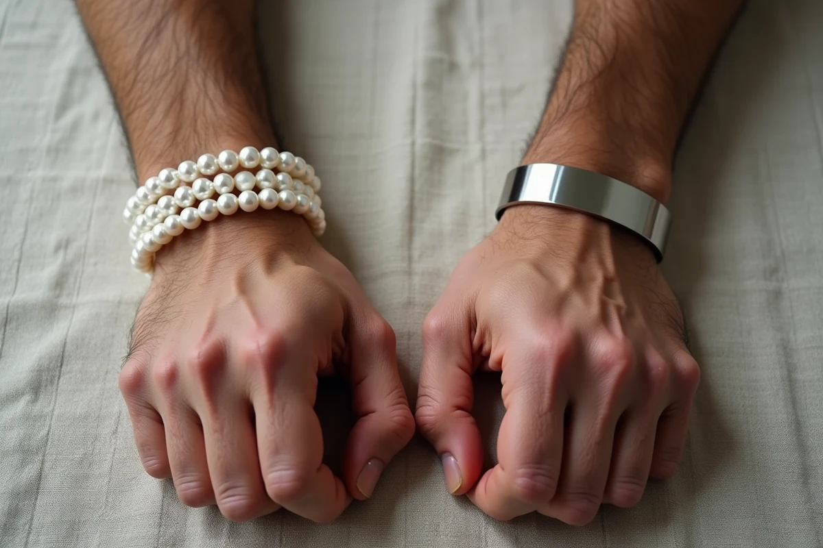 Comparaison entre bracelet perle et bracelet acier pour homme posés côte à côte sur lin neutre