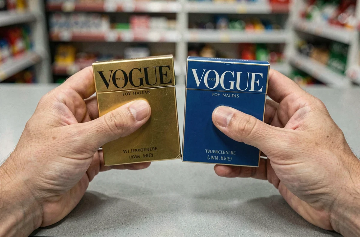 Mains tenant deux paquets de cigarettes Vogue de couleurs différentes pour illustrer la comparaison entre les variantes or et bleue