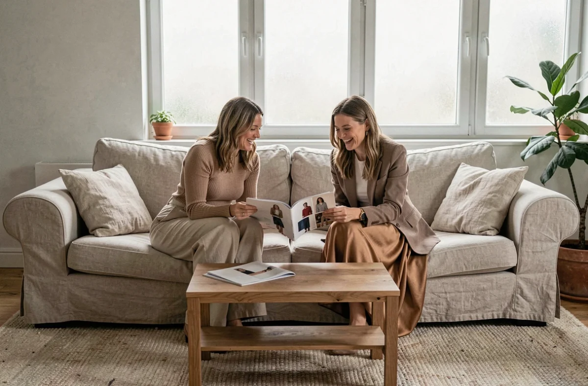 Deux femmes aux morphologies différentes discutant de conseils vestimentaires dans un salon scandinave moderne