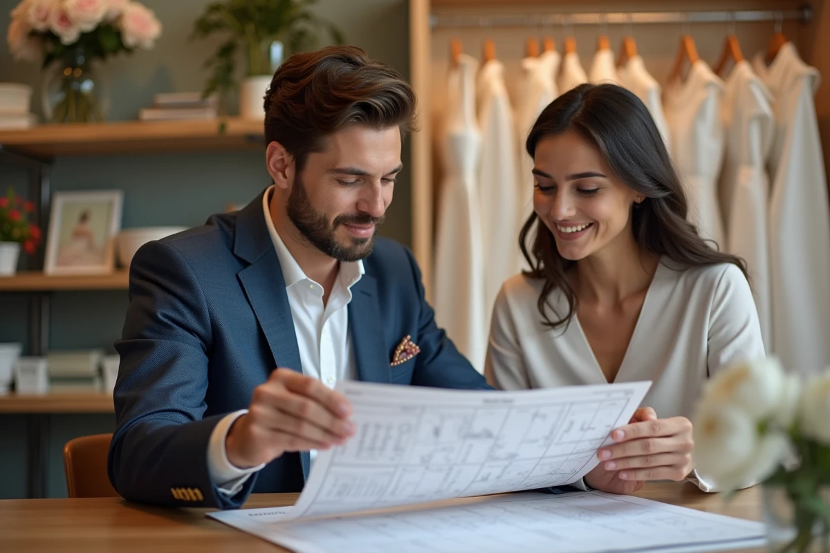 Conseiller en mariage montrant un tableau de robes à un couple