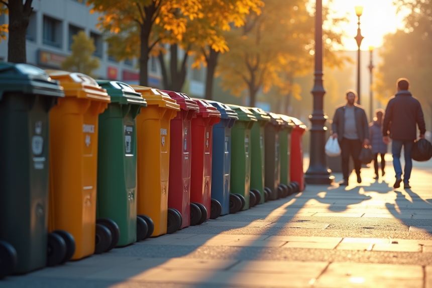 Conteneurs de vêtements en ville avec passants le matin
